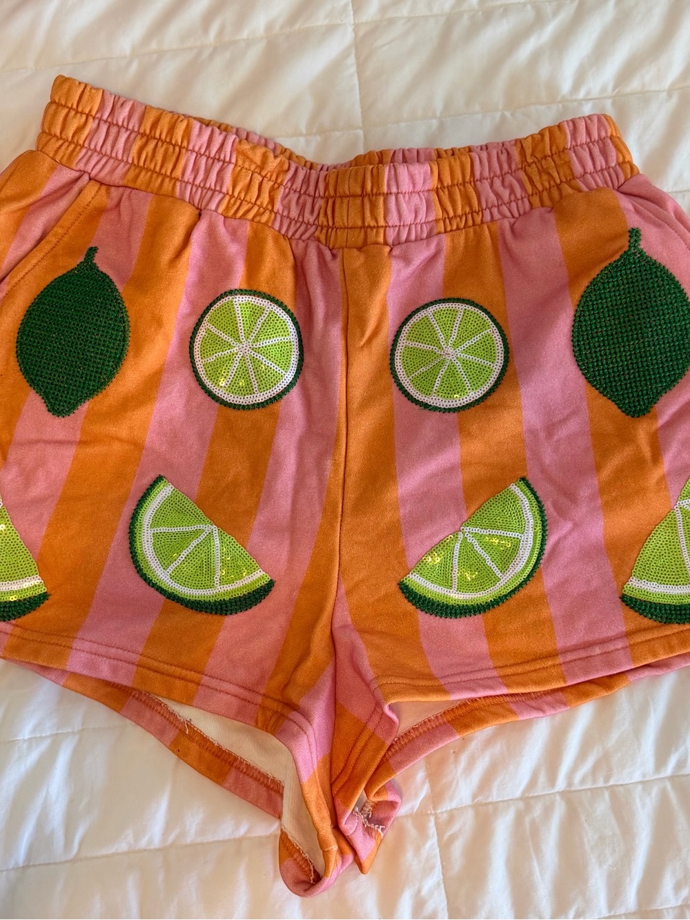QUEEN OF SPARKLES Pink and Orange Striped Lime Appliqué Shorts